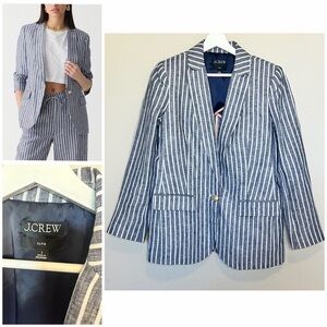 J. Crew Women's Navy and White Alfie Linen Striped Blazer